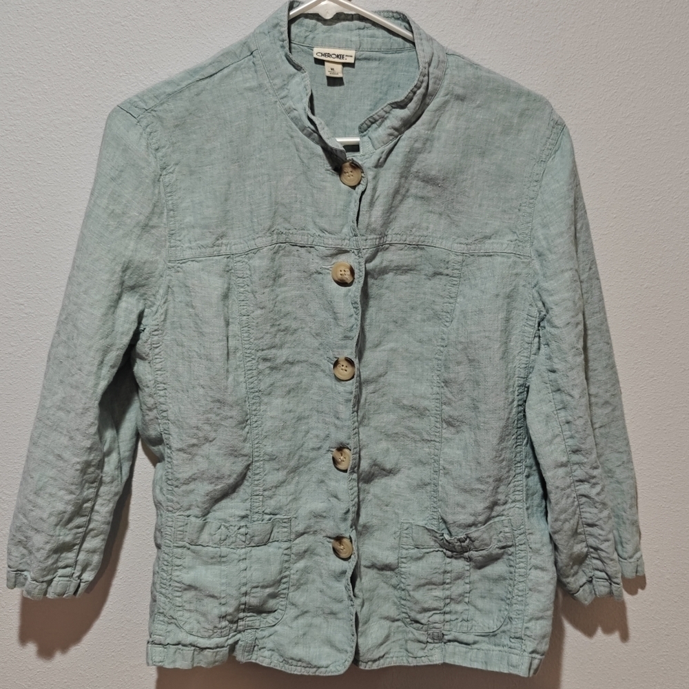 Vintage Linen XL Cardigan Cherokee Baby Blue Textured Button Up Boxy 3/4 Sleeve